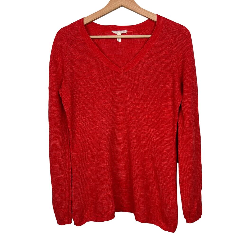 Eileen Fisher Medium Organic Linen Cotton V-Neck‎ Long Sleeve Sweater Red Orange